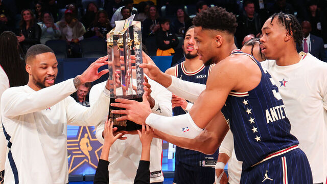 INDIANAPOLIS, INDIANA - FEBRUARY 18: Damian Lillard #0 of the Milwaukee Bucks and Eastern Conference All-Stars and Giannis Antetokounmpo #34 of the Milwaukee Bucks and Eastern Conference All-Stars lift the trophy after defeating the Western Conference All-Stars during the 2024 NBA All-Star Game at Gainbridge Fieldhouse on February 18, 2024 in Indianapolis, Indiana.