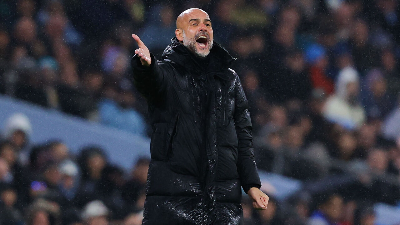 MANCHESTER, ENGLAND - FEBRUARY 17: Josep 'Pep' Guardiola, manager of Manchester City, issues instructions during the Premier League match between Manchester City and Chelsea FC at Etihad Stadium on February 17, 2024 in Manchester, England.