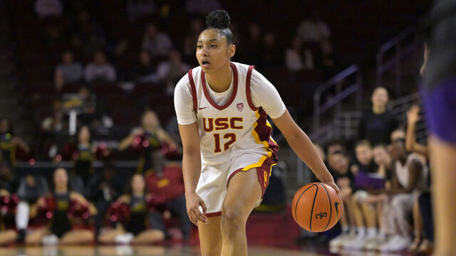 LOS ANGELES, CALIFORNIA - JANUARY 28: JuJu Watkins #12 of the USC Trojans handles the ball against the Washington Huskies at Galen Center on January 28, 2024 in Los Angeles, California.