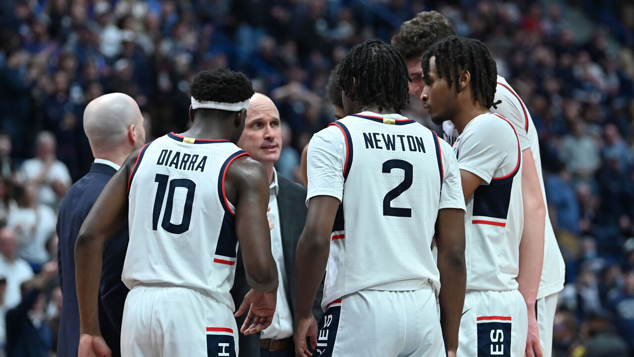 HARTFORD, CT - FEBRUARY 17: UConn Huskies head coach Dan Hurley gives instruction during the timeout in the game as the Marquette Golden Eagles take on the UConn Huskies on February 17, 2024 at the XL Center in Hartford, CT