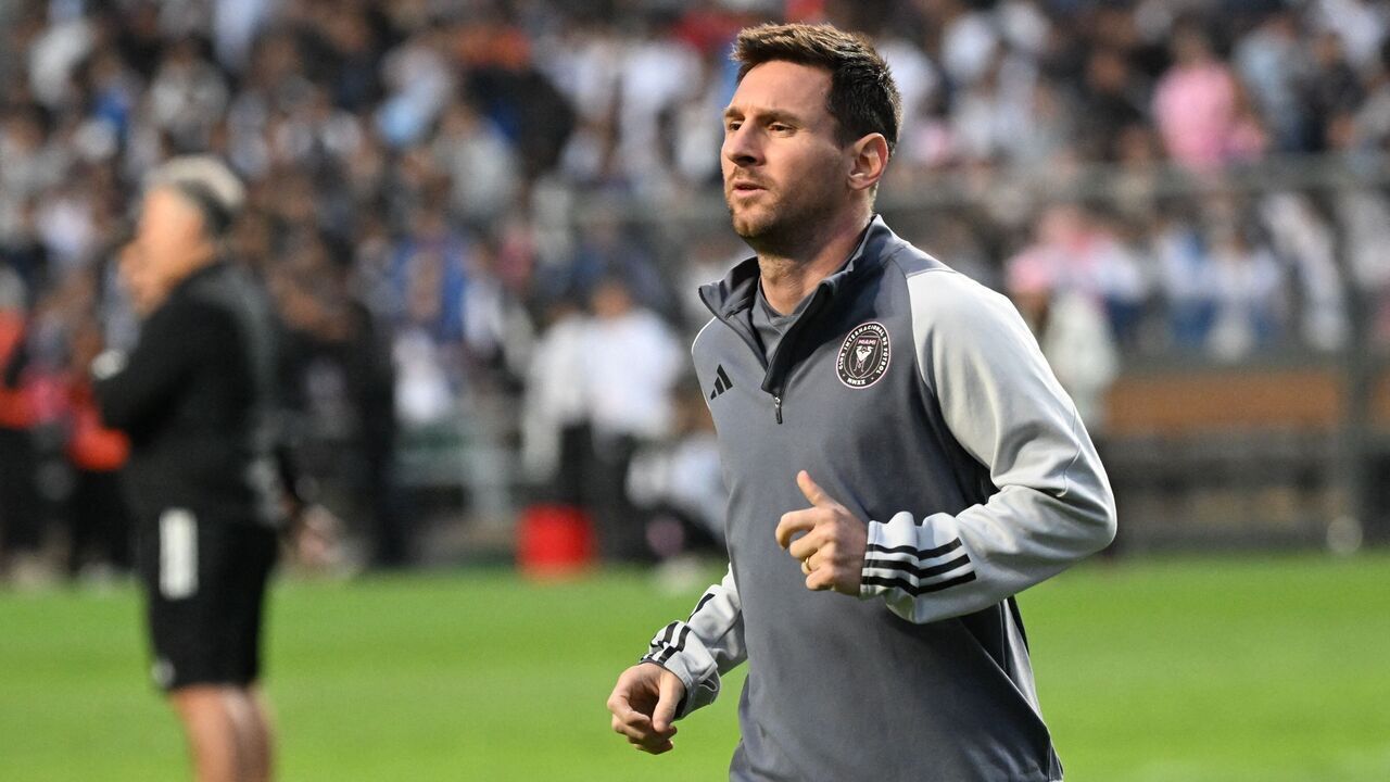 Inter Miami's Argentine forward Lionel Messi runs during training for the friendly football match between Hong Kong Team and US Inter Miami CF at the Hong Kong Stadium in Hong Kong on February 3, 2024.