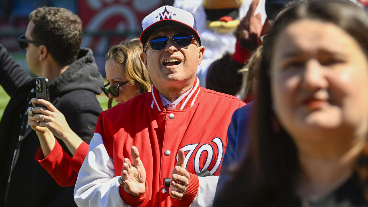 WASHINGTON, DC - MARCH 30: Washington Nationals owner Mark Lerner watches as his father, Ted Lerner, is added to the ring of honor during Opening Day at Nationals Park on March 30, 2023.