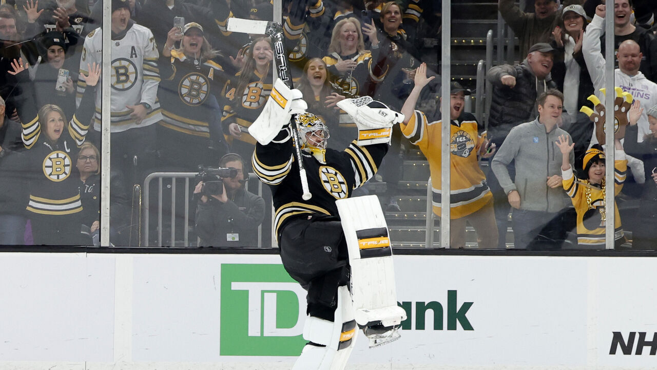BOSTON, MA - FEBRUARY 19: Boston Bruins goalie Jeremy Swayman (1) celebrates a shootout win after a game between the Boston Bruins and the Dallas Stars on February 19, 2024, at TD Garden in Boston, Massachusetts.