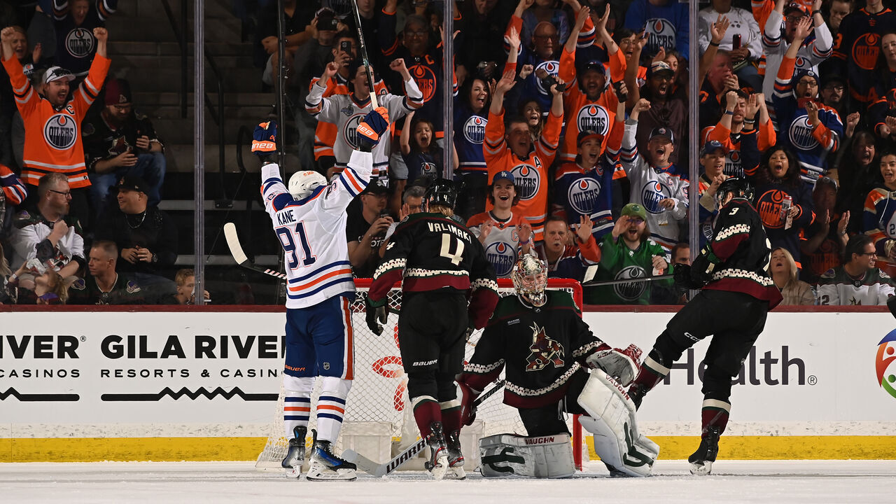 TEMPE, ARIZONA - FEBRUARY 19: Evander Kane #91 of the Edmonton Oilers celebrates after scoring a goal against the Arizona Coyotes during the third period of the game at Mullett Arena on February 19, 2024 in Tempe, Arizona.