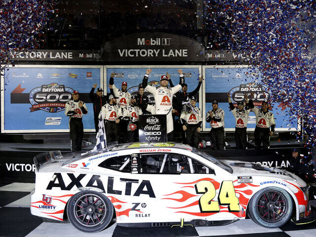 DAYTONA BEACH, FLORIDA - FEBRUARY 19: William Byron, driver of the #24 Axalta Chevrolet, celebrates in victory lane after winning the NASCAR Cup Series Daytona 500 at Daytona International Speedway on February 19, 2024 in Daytona Beach, Florida.