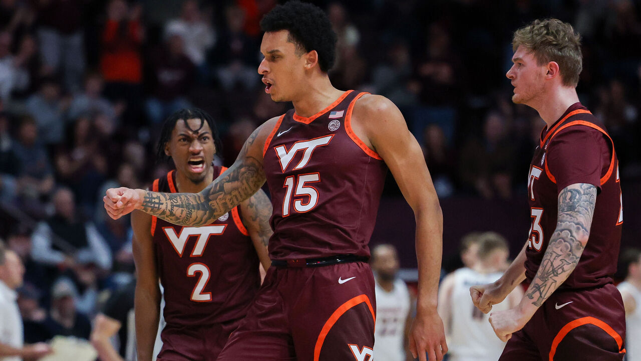 BLACKSBURG, VIRGINIA - FEBRUARY 19: Lynn Kidd #15 of the Virginia Tech Hokies reacts in the first half during a game against the Virginia Cavaliers at Cassell Coliseum on February 19, 2024 in Blacksburg, Virginia.