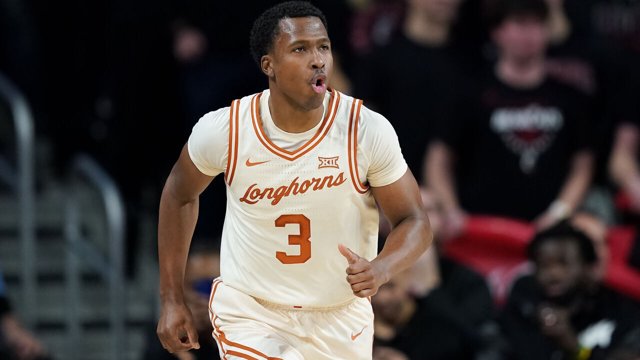 CINCINNATI, OHIO - JANUARY 09: Max Abmas #3 of the Texas Longhorns celebrates after making a shot in the first half against the Cincinnati Bearcats at Fifth Third Arena on January 09, 2024 in Cincinnati, Ohio.