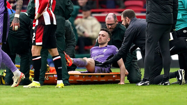 Liverpool's Diogo Jota is placed onto a stretcher after becoming injured during the Premier League match at the Gtech Community Stadium, London. Picture date: Saturday February 17, 2024.