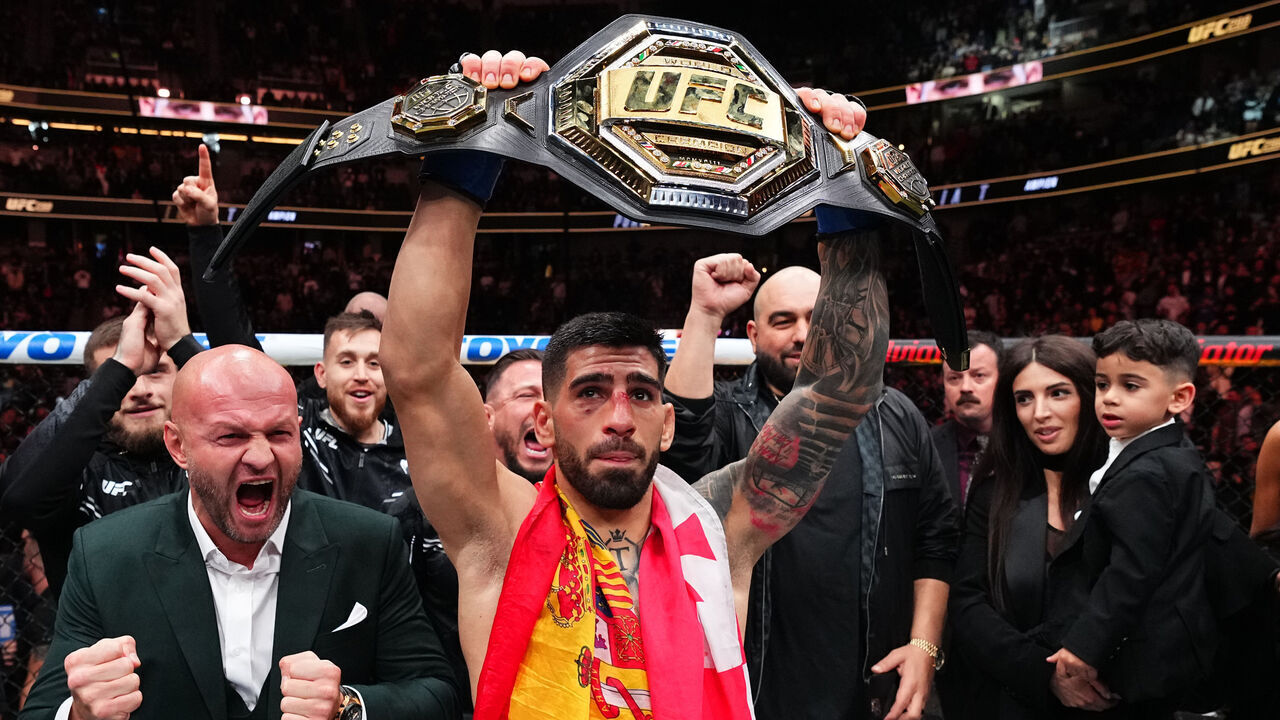 ANAHEIM, CALIFORNIA - FEBRUARY 17: Ilia Topuria of Germany celebrates after his knockout victory against Alexander Volkanovski of Australia in the UFC featherweight championship fight during the UFC 298 event at Honda Center on February 17, 2024 in Anaheim, California.