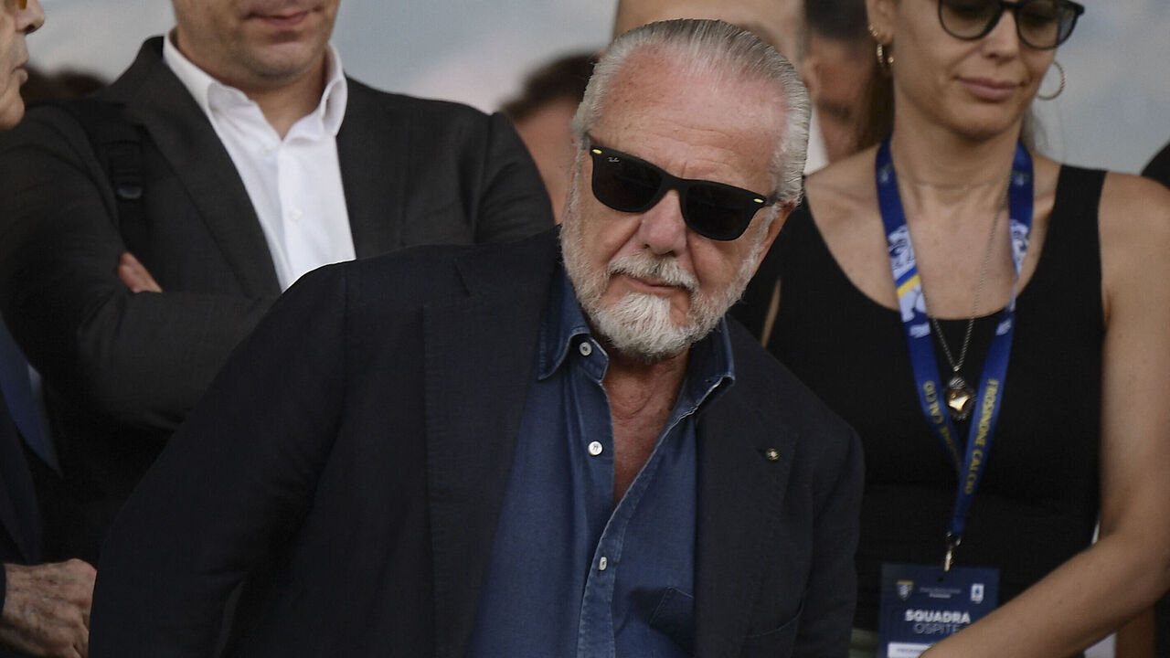 Napoli's President Aurelio De Laurentiis is seen in the stands during the Italian Serie A football match Frosinone vs Napoli at the Benito Stirpe stadium in Frosinone, on August 19, 2023.