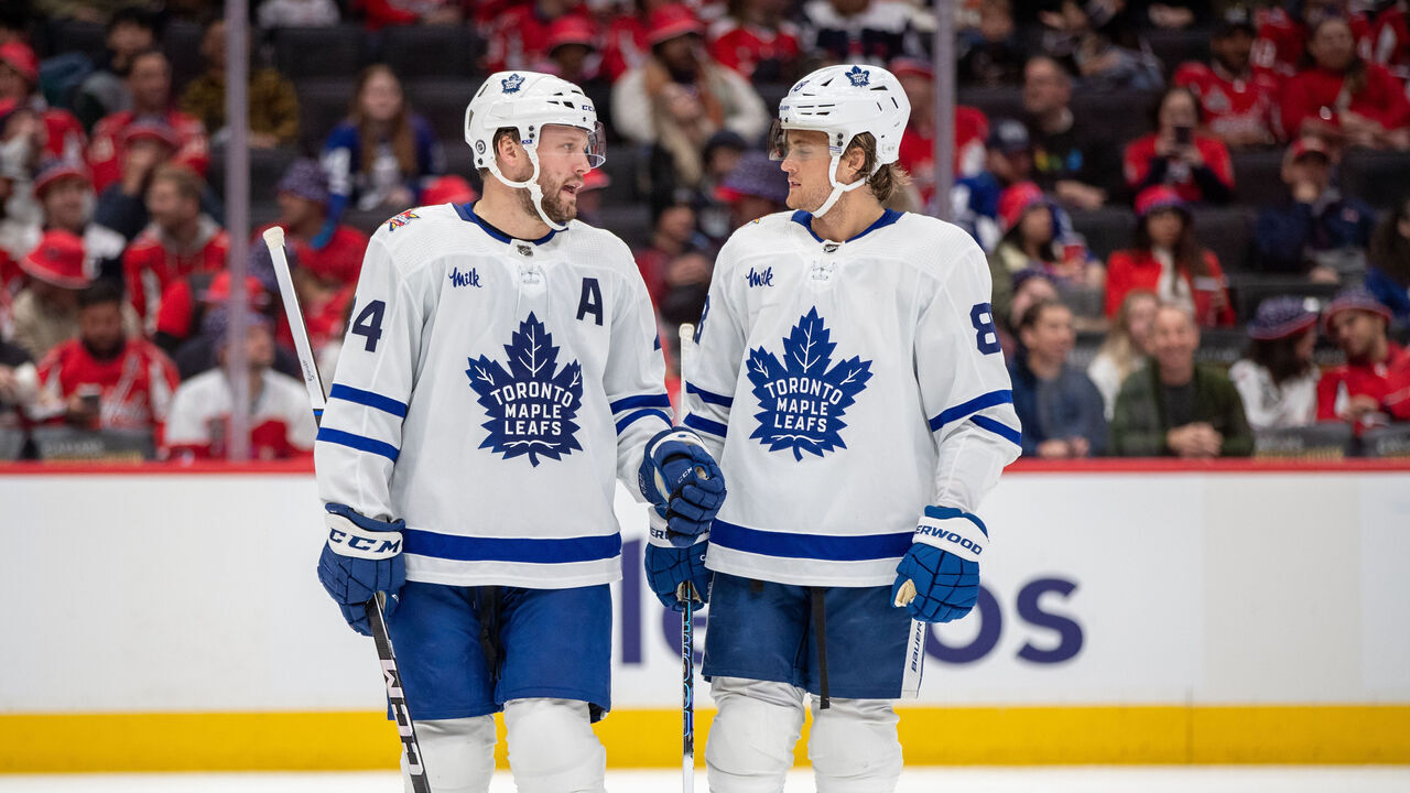WASHINGTON, DC - OCTOBER 24: Toronto Maple Leafs defenseman Morgan Rielly (44) and Toronto Maple Leafs right wing William Nylander (88) talk during a break in action during the game between the Toronto Maple Leafs and the Washington Capitals on October 24, 2023, at American Airlines Center in Dallas, Texas.