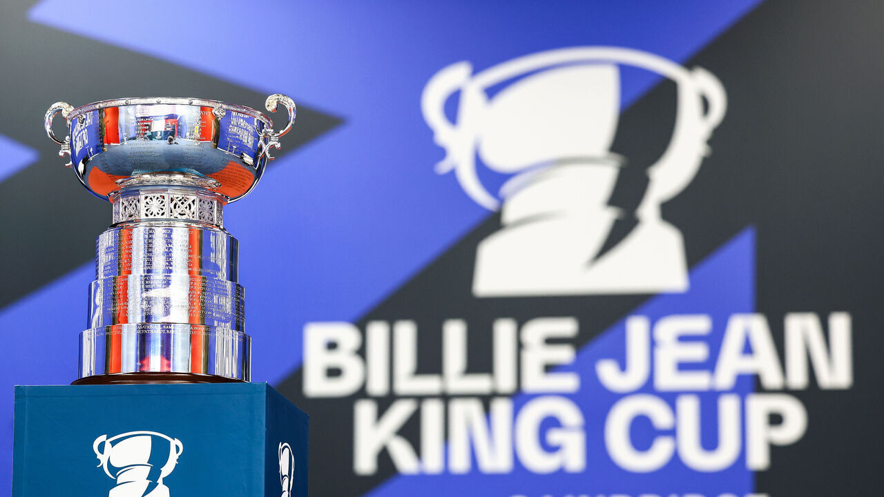 SEVILLE, SPAIN - NOVEMBER 03: General view of the Billie Jean King Cup trophy prior to the Billie Jean King Cup Finals at Estadio de La Cartuja on November 03, 2023 in Seville, Spain.