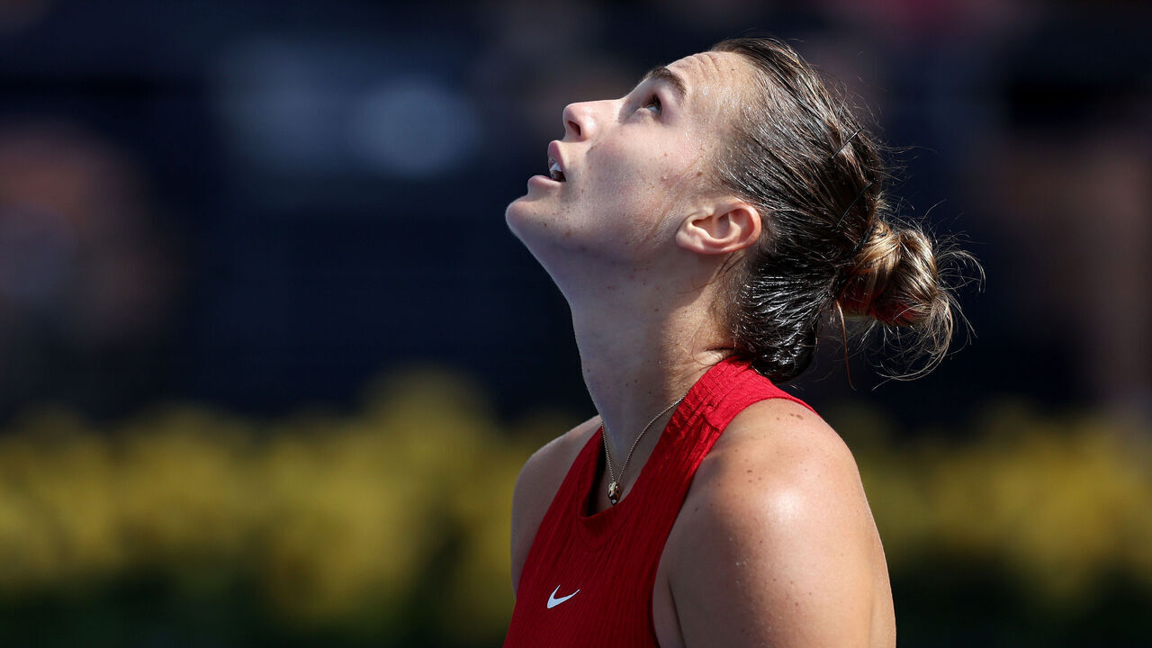 DUBAI, UNITED ARAB EMIRATES - FEBRUARY 20: Aryna Sabalenka reacts while playing against Donna Vekic of Croatia in their second round women's singles match during the Dubai Duty Free Tennis Championships, part of the Hologic WTA Tour at Dubai Duty Free Tennis Stadium on February 20, 2024 in Dubai, United Arab Emirates.