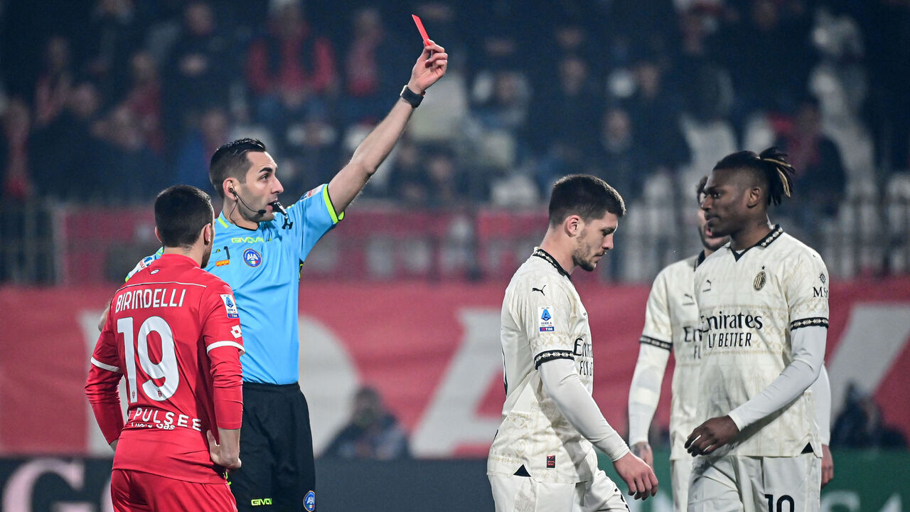 AC Milan's Serbian forward #15 Luka Jovic receives a red card during the Italian Serie A football match between AC Monza and AC Milan at the Brianteo stadium in Monza, on February 18, 2024.