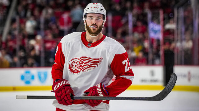RALEIGH, NORTH CAROLINA - JANUARY 19: Michael Rasmussen #27 of the Detroit Red Wings reacts during the first period against the Carolina Hurricanes at PNC Arena on January 19, 2024 in Raleigh, North Carolina.