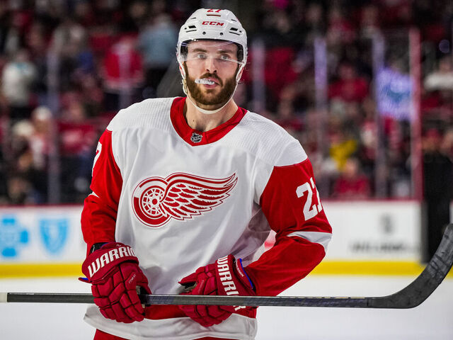 RALEIGH, NORTH CAROLINA - JANUARY 19: Michael Rasmussen #27 of the Detroit Red Wings reacts during the first period against the Carolina Hurricanes at PNC Arena on January 19, 2024 in Raleigh, North Carolina.