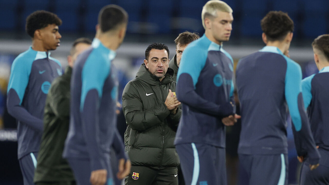 NAPLES, ITALY - FEBRUARY 20: Head Coach Xavi of FC Barcelona gestures during the FC Barcelona Training Session at Stadio Diego Armando Maradona on February 20, 2024 in Naples, Italy.