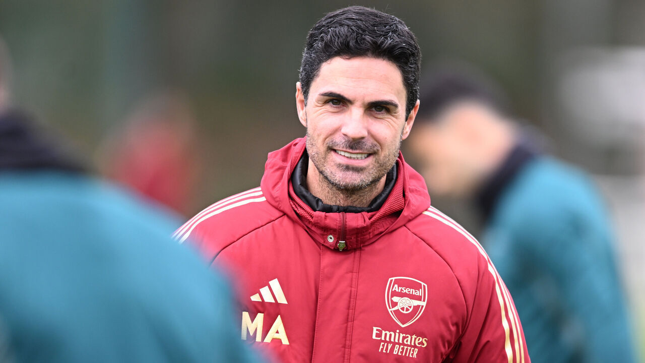 ST ALBANS, ENGLAND - FEBRUARY 20: Arsenal manager Mikel Arteta during a training session at London Colney on February 20, 2024 in St Albans, England.