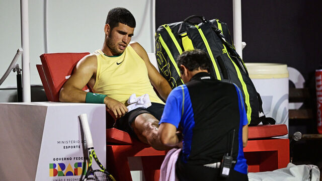 Spain's Carlos Alcaraz gestures after suffering an injury during the ATP 500 Rio Open tennis match against Brazil's Carlos Monteiro in Rio de Janeiro, Brazil on February 20, 2024.