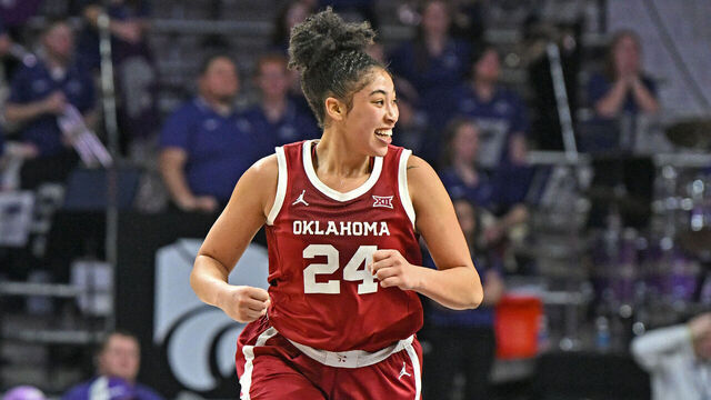 MANHATTAN, KS - JANUARY 10: Skylar Vann #24 of the Oklahoma Sooners reacts after scoring a basket against the Kansas State Wildcats in the second half at Bramlage Coliseum on January 10, 2024 in Manhattan, Kansas.