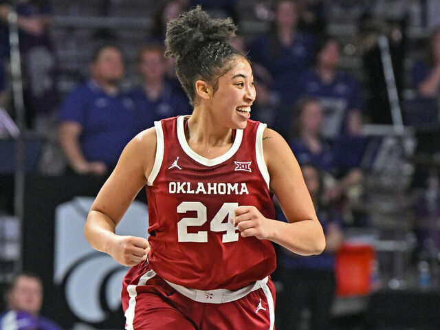 MANHATTAN, KS - JANUARY 10: Skylar Vann #24 of the Oklahoma Sooners reacts after scoring a basket against the Kansas State Wildcats in the second half at Bramlage Coliseum on January 10, 2024 in Manhattan, Kansas.