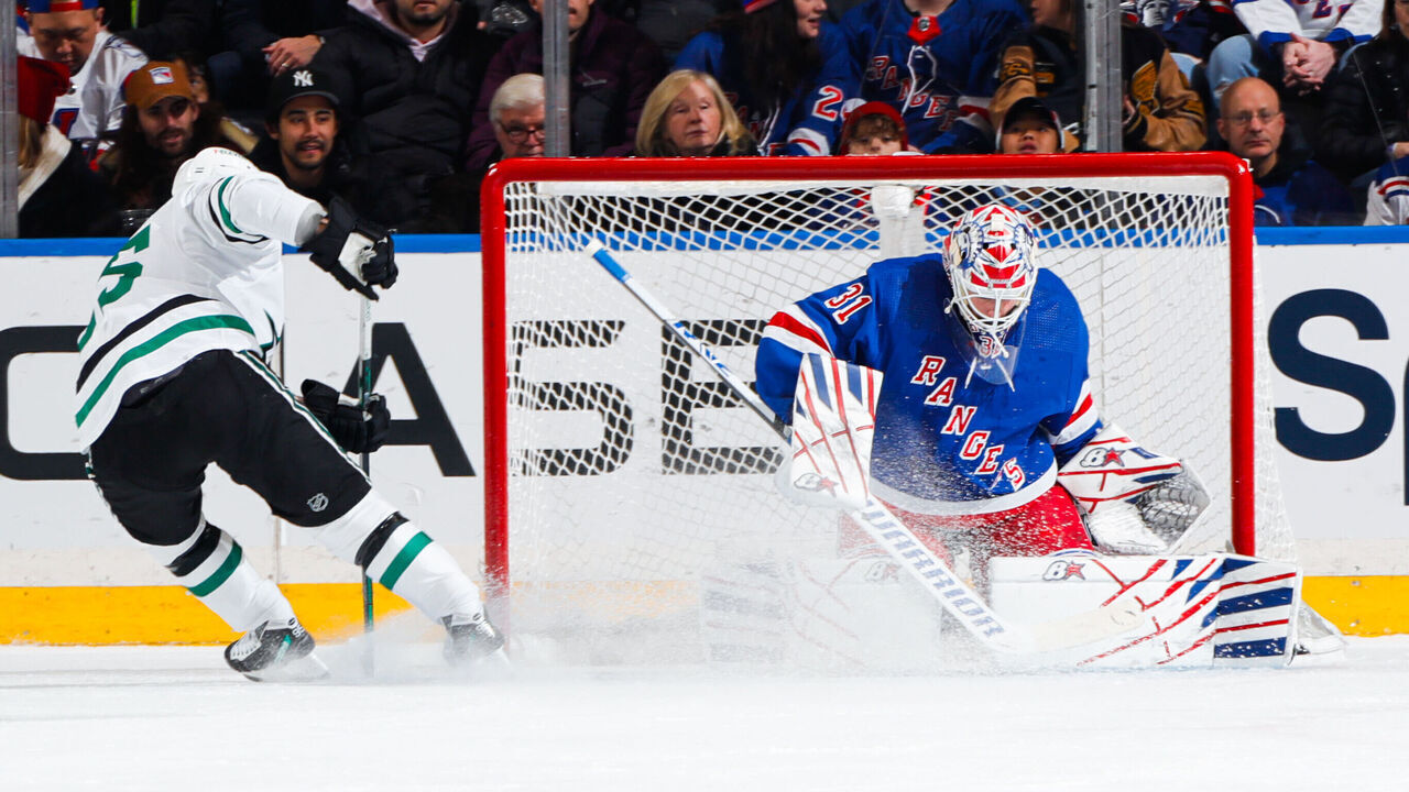 NEW YORK, NEW YORK - FEBRUARY 20: Igor Shesterkin #31 of the New York Rangers tends the net against the Dallas Stars at Madison Square Garden on February 20, 2024 in New York City.