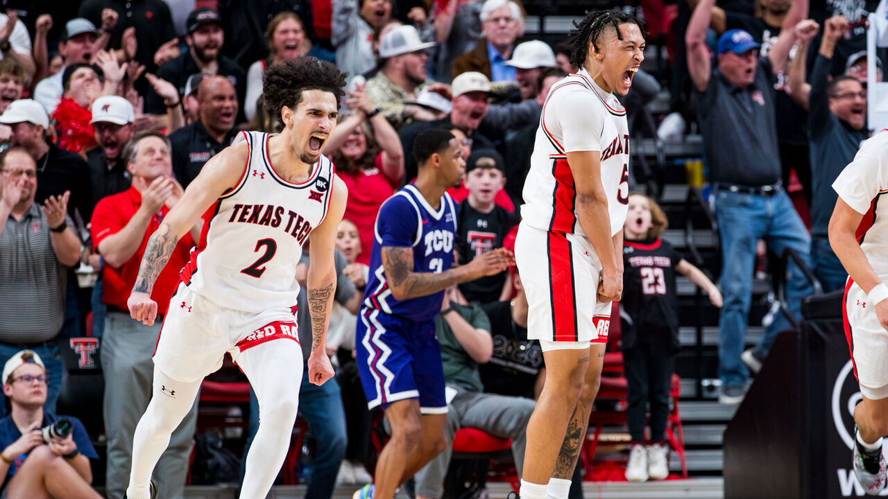 LUBBOCK, TEXAS - FEBRUARY 20: Pop Isaacs #2 and Darrion Williams #5 of the Texas Tech Red Raiders celebrate during the second half against the TCU Horned Frogs at United Supermarkets Arena on February 20, 2024 in Lubbock, Texas.