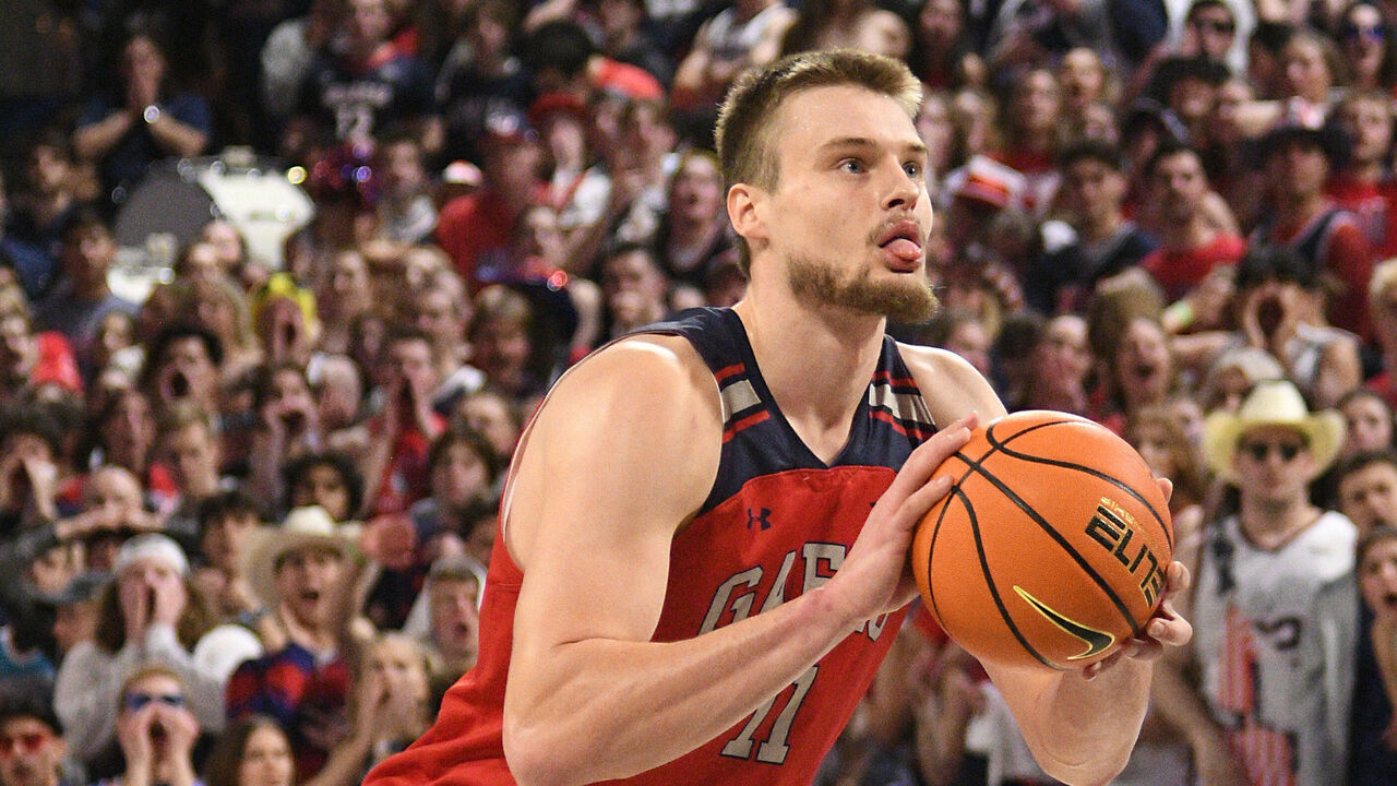 SPOKANE, WA - FEBRUARY 3: Mitchell Saxen #11 of the St. Mary's Gaels at the free throw line during the first half of the game gainst the Gonzaga Bulldogs at McCarthey Athletic Center on February 3, 2024 in Spokane, Washington.