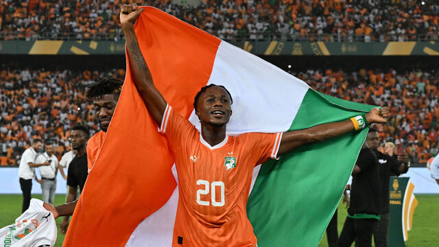 Ivory Coast's forward #20 Christian Kouame celebrates after Ivory Coast won the Africa Cup of Nations (CAN) 2024 final football match between Ivory Coast and Nigeria at Alassane Ouattara Olympic Stadium in Ebimpe, Abidjan on February 11, 2024.
