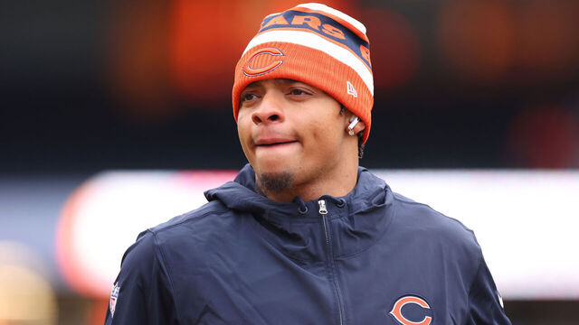 CHICAGO, ILLINOIS - DECEMBER 10: Justin Fields #1 of the Chicago Bears looks on prior to a game against the Detroit Lions at Soldier Field on December 10, 2023 in Chicago, Illinois.