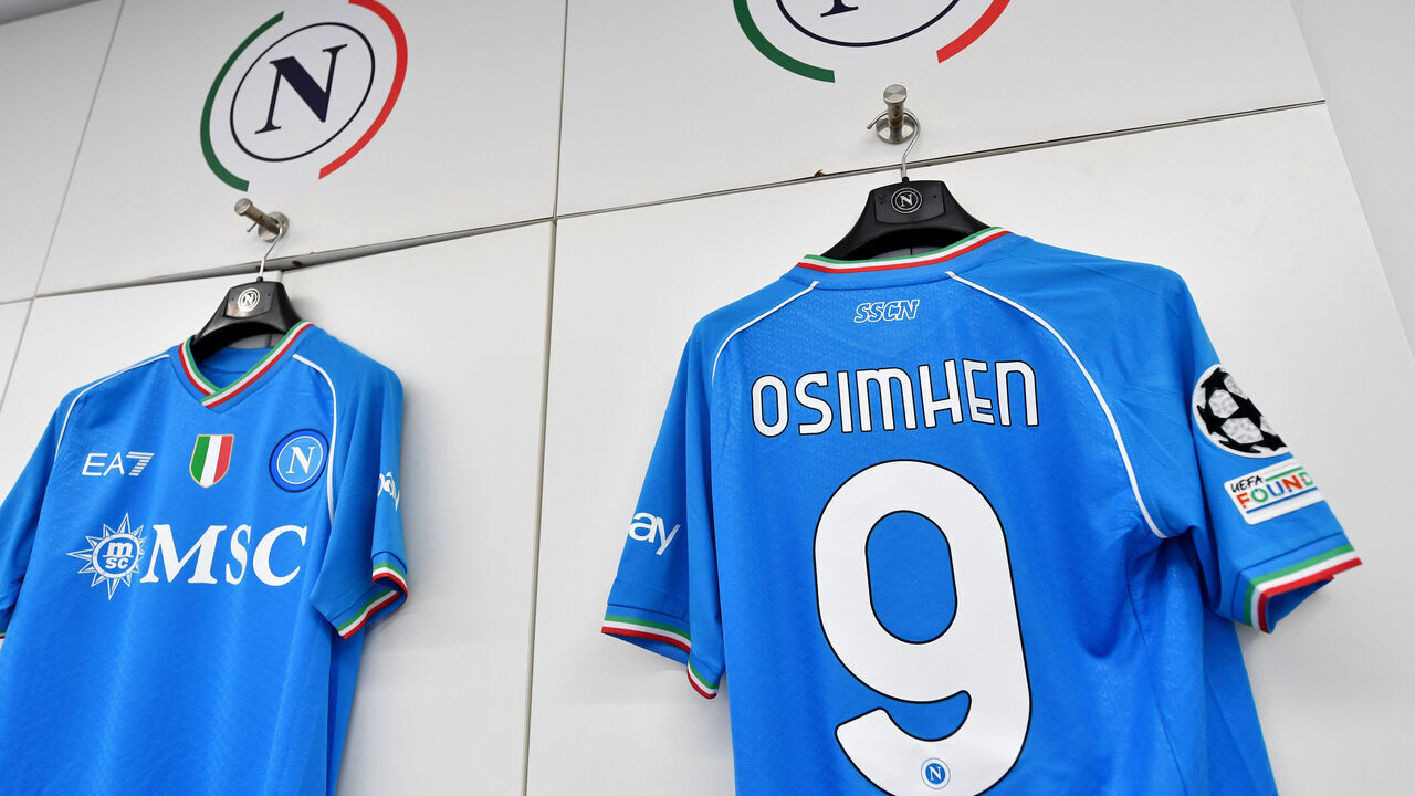 NAPLES, ITALY - FEBRUARY 21: The shirt of Victor Osimhen is displayed inside the SSC Napoli dressing room prior to the UEFA Champions League 2023/24 round of 16 first leg match between SSC Napoli and FC Barcelona at Stadio Diego Armando Maradona on February 21, 2024 in Naples, Italy.