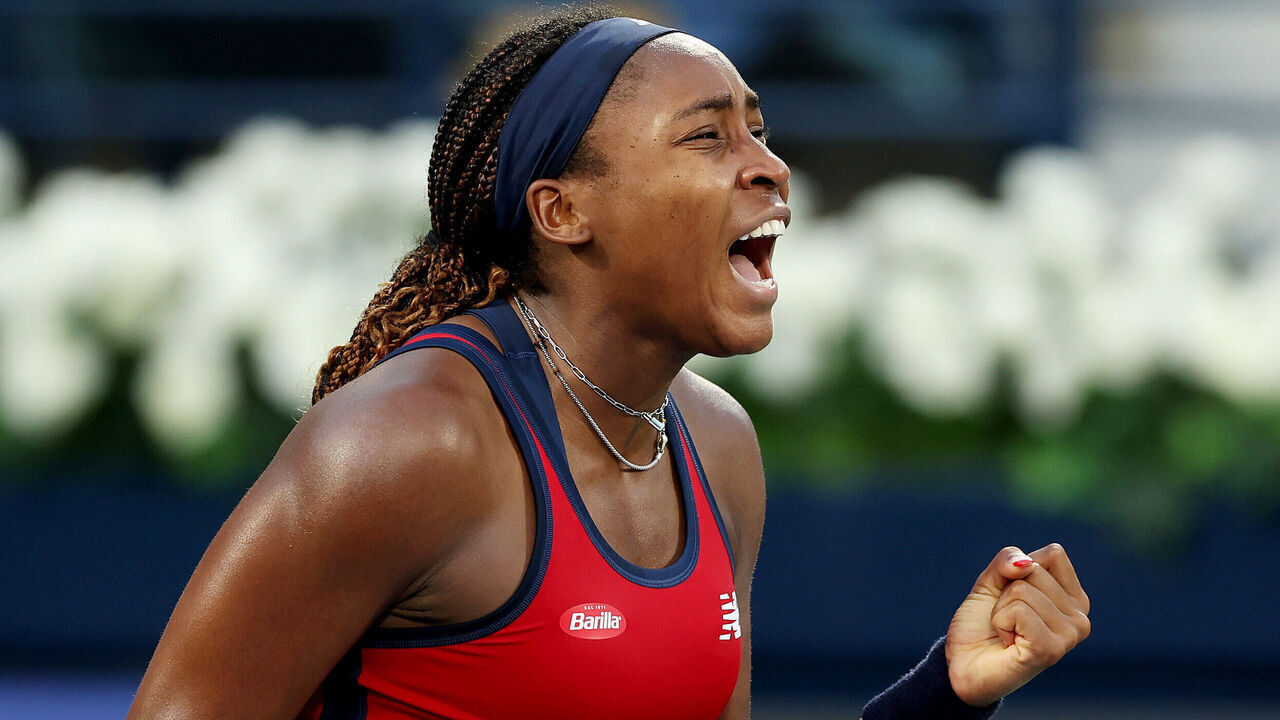 DUBAI, UNITED ARAB EMIRATES - FEBRUARY 21: Coco Gauff of the United States celebrates scoring a point against Karolina Pliskova of Czech Republic in their third round women's singles match during the Dubai Duty Free Tennis Championships, part of the Hologic WTA Tour at Dubai Duty Free Tennis Stadium on February 21, 2024 in Dubai, United Arab Emirates.