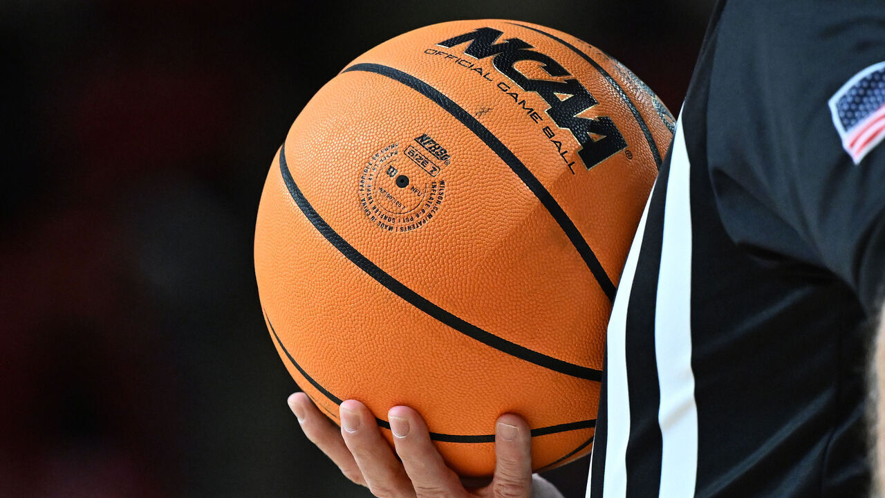 COLLEGE PARK, MARYLAND - FEBRUARY 06: A view of the NCAA logo on the basketball during the game between the Maryland Terrapins and the Rutgers Scarlet Knights at Xfinity Center on February 06, 2024 in College Park, Maryland.