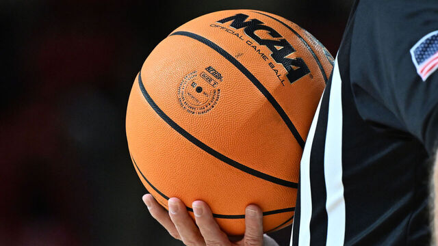 COLLEGE PARK, MARYLAND - FEBRUARY 06: A view of the NCAA logo on the basketball during the game between the Maryland Terrapins and the Rutgers Scarlet Knights at Xfinity Center on February 06, 2024 in College Park, Maryland.