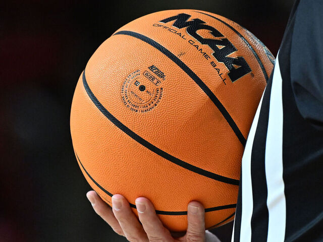 COLLEGE PARK, MARYLAND - FEBRUARY 06: A view of the NCAA logo on the basketball during the game between the Maryland Terrapins and the Rutgers Scarlet Knights at Xfinity Center on February 06, 2024 in College Park, Maryland.