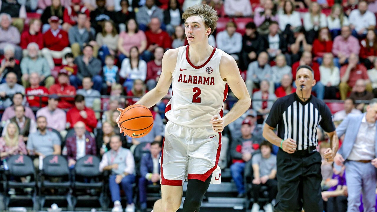 TUSCALOOSA, ALABAMA - JANUARY 27: Grant Nelson #2 of the Alabama Crimson Tide brings the ball downcourt during the second half against the LSU Tigers at Coleman Coliseum on January 27, 2024 in Tuscaloosa, Alabama.