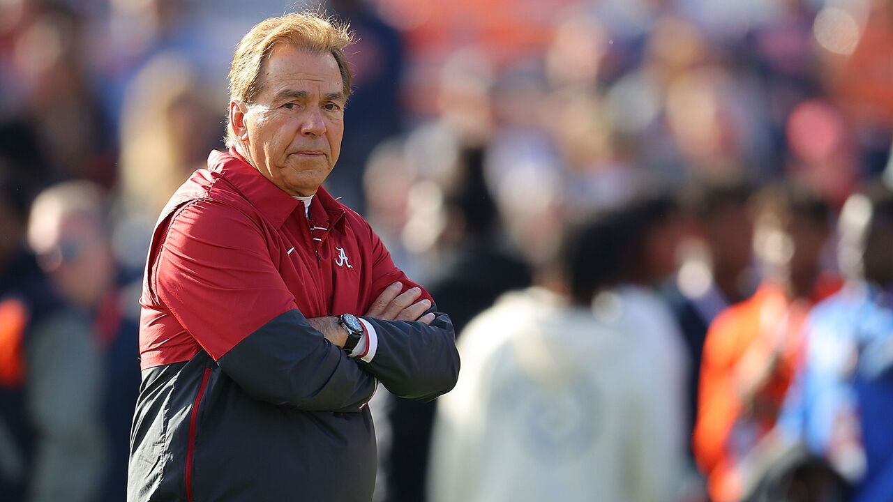 AUBURN, ALABAMA - NOVEMBER 25: Head coach Nick Saban of the Alabama Crimson Tide looks on during warm up prior to the game against Auburn Tigers at Jordan-Hare Stadium on November 25, 2023 in Auburn, Alabama.