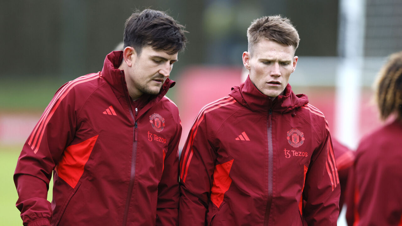 Manchester United's Harry Maguire (left) and Scott McTominay during a training session at the Trafford Training Centre, Carrington, Manchester. Picture date: Monday December 11, 2023.