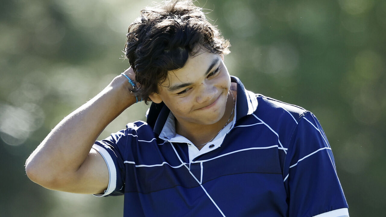 HOBE SOUND, FLORIDA - FEBRUARY 22: Charlie Woods reacts 10 during pre-qualifying for The Cognizant Classic in The Palm Beaches at Lost Lake Golf Club on February 22, 2024 in Hobe Sound, Florida.