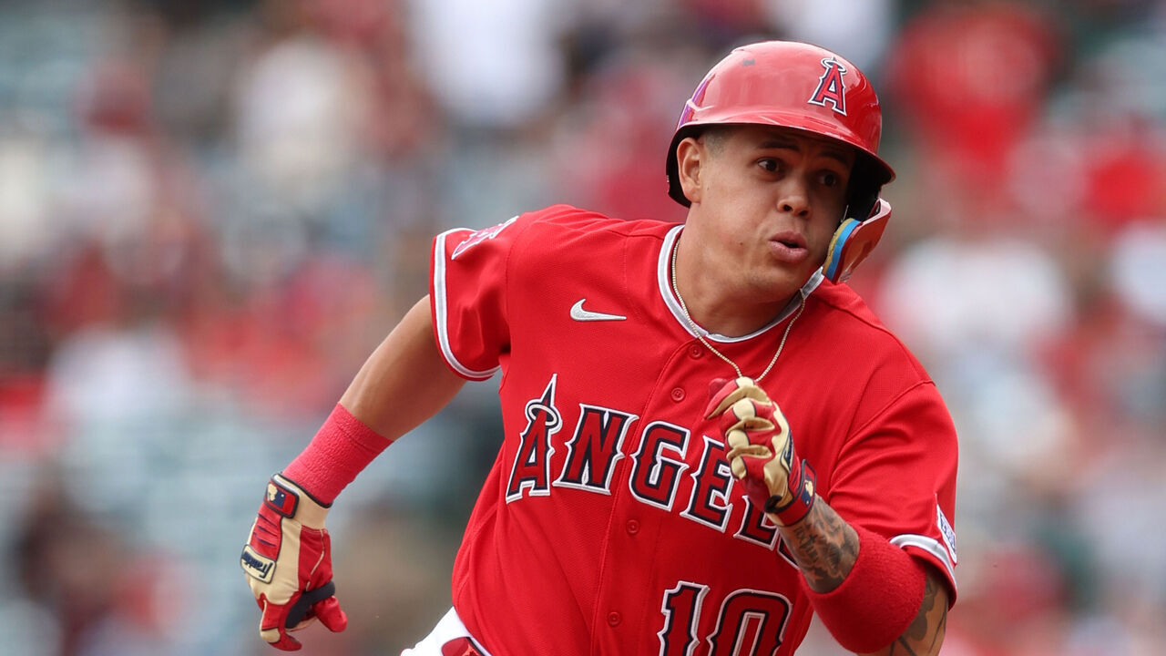ANAHEIM, CA - May 28: Gio Urshela #10 of the Los Angeles Angels runs during the game against the Miami Marlins at Angel Stadium of Anaheim on May 28, 2023 in Anaheim, California. The Marlins defeated the Angels 2-0.