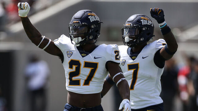 SAN DIEGO, CA - SEPTEMBER 24: Toledo Rockets cornerback Quinyon Mitchell (27) and Toledo Rockets safety Zachary Ford (7) during a college football game between the Toledo Rockets and the San Diego State Aztecs on September 24, 2022, at Snapdragon Stadium in San Diego, CA.
