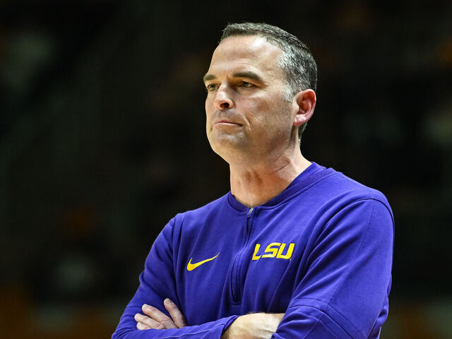 KNOXVILLE, TN - FEBRUARY 07: LSU Tigers head coach Matt McMahon coaches during the college basketball game between the Tennessee Volunteers and the LSU Tigers on February 7, 2024, at Food City Center in Knoxville, TN.