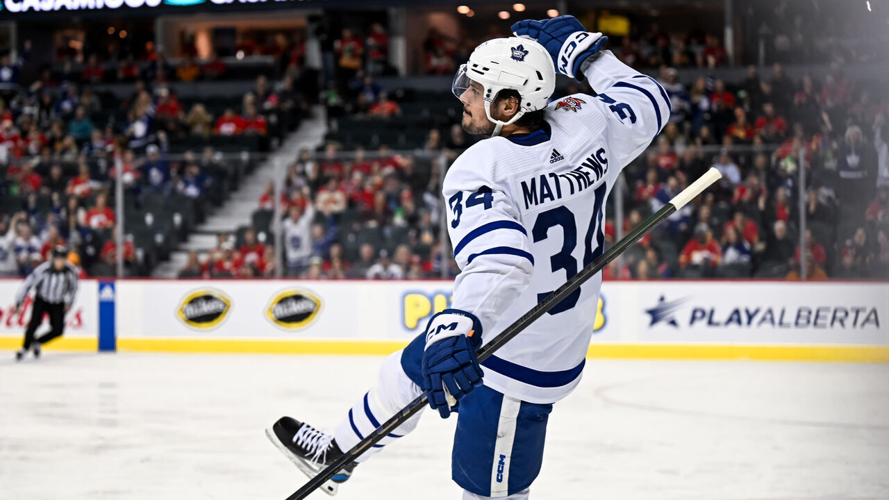 CALGARY, AB - JANUARY 18: Toronto Maple Leafs Center Auston Matthews (34) celebrates after scoring a goal during the second period of an NHL game between the Calgary Flames and the Toronto Maple Leafs on January 18, 2024, at the Scotiabank Saddledome in Calgary, AB.
