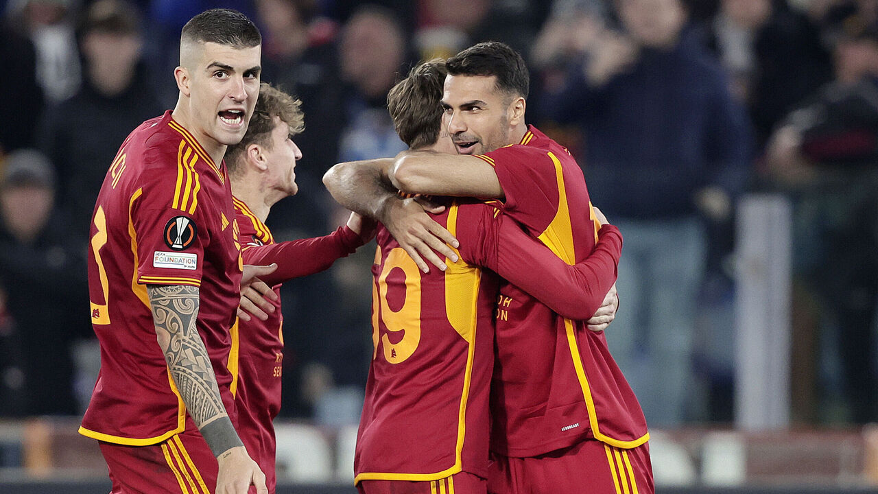 ROME, ITALY - FEBRUARY 22: (L-R) Gianluca Mancini of AS Roma, Nicola Zalewski of AS Roma, Zeki Celik of AS Roma celebrating the victroy during the UEFA Europa League match between AS Roma v Feyenoord at the Stadio Olimpico Rome on February 22, 2024 in Rome Italy