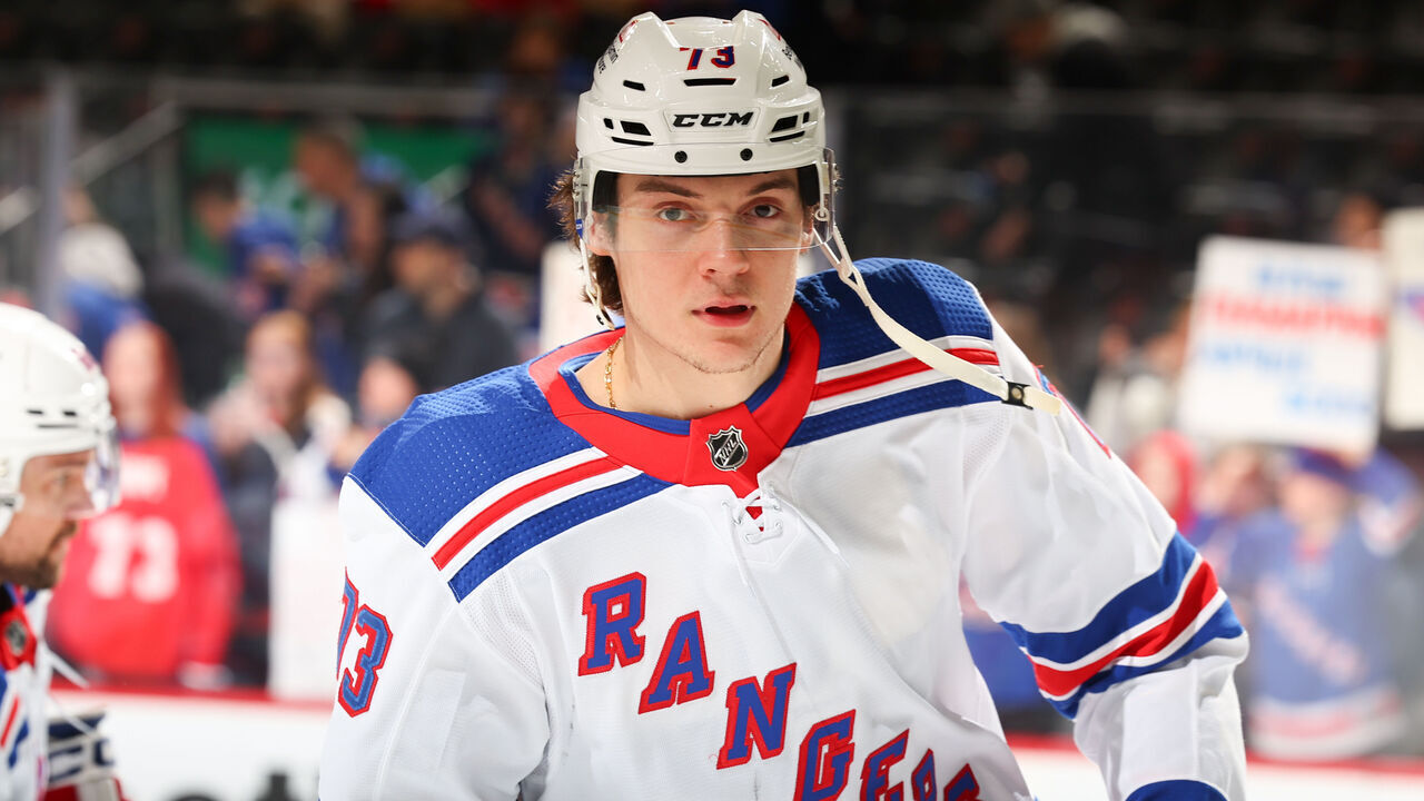 NEWARK, NJ - FEBRUARY 22: Matt Rempe #73 of the New York Rangers warms up prior to the game against the New Jersey Devils at the Prudential Center on February 22, 2024 in Newark, New Jersey.