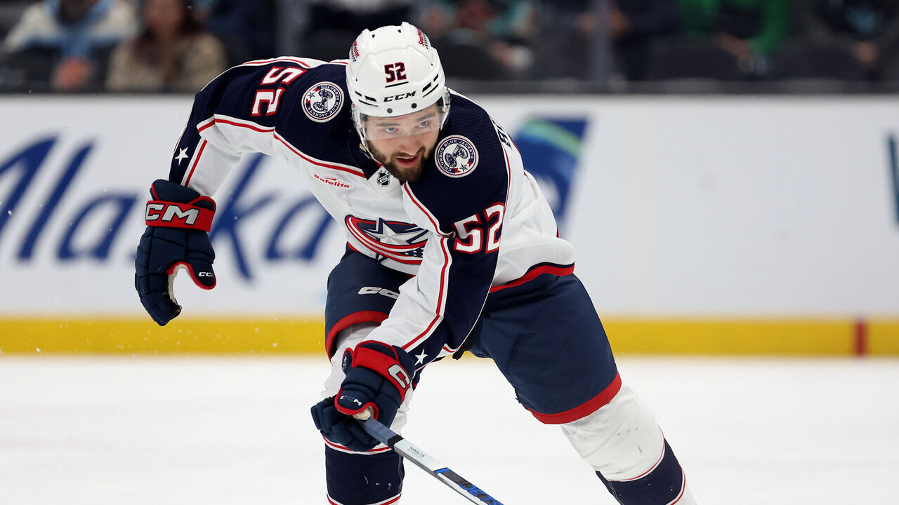 SEATTLE, WASHINGTON - JANUARY 28: Emil Bemstrom #52 of the Columbus Blue Jackets skates against the Seattle Kraken during the first period at Climate Pledge Arena on January 28, 2024 in Seattle, Washington.