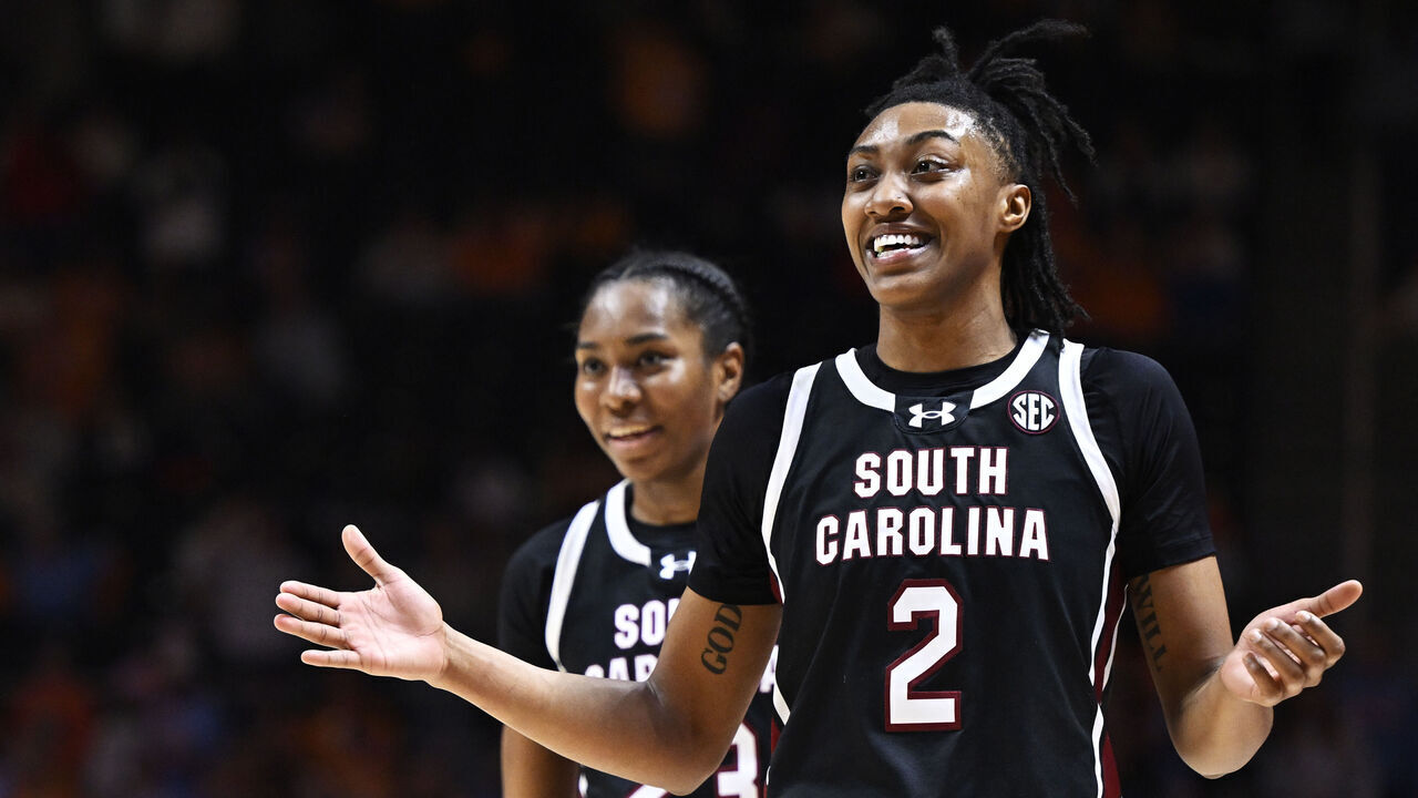 KNOXVILLE, TENNESSEE - FEBRUARY 15: Ashlyn Watkins #2 of the South Carolina Gamecocks and Bree Hall #23 celebrate as the clock expires against the Tennessee Lady Vols in the fourth quarter at Thompson-Boling Arena on February 15, 2024 in Knoxville, Tennessee.