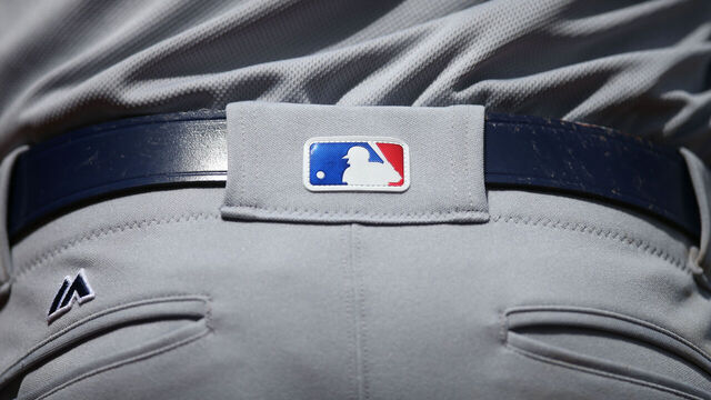 SAN FRANCISCO, CA - APRIL 7: Detail shot of the MLB logo on the back of the Majestic uniform pants worn by Chase Utley #26 of the Los Angeles Dodgers during the game against the San Francisco Giants at AT&T Park on Thursday, April 7, 2016 in San Francisco, California.