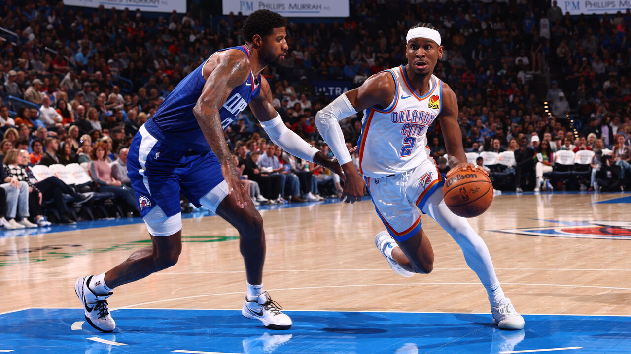 OKLAHOMA CITY, OK - FEBRUARY 22: Shai Gilgeous-Alexander #2 of the Oklahoma City Thunder handles the ball during the game against the LA Clippers on February 22, 2024 at Paycom Arena in Oklahoma City, Oklahoma. Mandatory Copyright Notice: Copyright 2024 NBAE