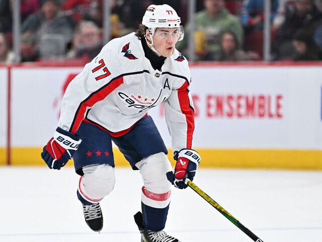 MONTREAL, CANADA - FEBRUARY 17: T.J. Oshie #77 of the Washington Capitals skates during the first period against the Montreal Canadiens at the Bell Centre on February 17, 2024 in Montreal, Quebec, Canada. The Washington Capitals defeated the Montreal Canadiens 4-3.